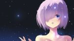  bangs bare_shoulders bright_(long-ago) collarbone eyebrows_visible_through_hair fate/grand_order fate_(series) hair_over_one_eye mash_kyrielight night night_sky open_mouth purple_eyes purple_hair short_hair sky solo star_(sky) 