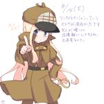  abigail_williams_(fate/grand_order) alternate_costume alternate_headwear blonde_hair blue_eyes blush brown_capelet brown_coat brown_hat brown_pants cabbie_hat capelet closed_mouth coat dated deerstalker detective fate/grand_order fate_(series) hand_on_hip hat holding holding_magnifying_glass kujou_karasuma long_hair long_sleeves looking_at_viewer magnifying_glass outstretched_arm pants pointing pointing_at_viewer signature simple_background sketch solo translation_request very_long_hair white_background 