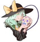  black_hat bow collar dia_de_los_muertos frilled_collar frills green_eyes green_hair hair_bow hat hat_ribbon heart holding holding_skull komeiji_koishi mefomefo portrait ribbon simple_background skull smile solo touhou wavy_hair white_background yellow_bow yellow_ribbon 