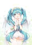  ;d angel_wings aqua_eyes aqua_hair bangs bare_shoulders blush cameltoe commentary eyebrows_visible_through_hair garter_straps gloves hair_between_eyes halo hatsune_miku heart heart-shaped_pupils highres jewelry long_hair looking_at_viewer mvv necklace one_eye_closed open_mouth panties round_teeth smile solo symbol-shaped_pupils teeth thighhighs twintails underwear very_long_hair vocaloid white_gloves white_legwear wings 