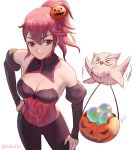  absurdres anna_(fire_emblem) azto_dio bare_shoulders bird breasts candy corset feh_(fire_emblem_heroes) fire_emblem fire_emblem_heroes food gloves highres long_hair looking_at_viewer owl ponytail pumpkin red_eyes red_hair smile solo 