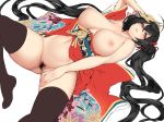  ahoge angelo_(gomahangetsu) azur_lane black_hair breasts huge_breasts japanese_clothes kimono long_hair mask mask_on_head pubic_hair red_eyes red_kimono solo taihou_(azur_lane) thighhighs twintails very_long_hair 