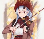  autumn_leaves blouse bow_(instrument) brown_coat coat commentary_request fate/grand_order fate_(series) forest hat instrument kuguiema light_smile long_hair looking_at_viewer mitsudomoe_(shape) music nature oni_horns open_clothes open_coat playing_instrument red_eyes red_skirt sidelocks silver_hair skirt solo tomoe_(symbol) tomoe_gozen_(fate/grand_order) upper_body violin violin_bow white_blouse 