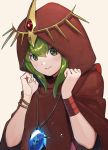  bracelet chiki cloak closed_mouth commentary_request fire_emblem fire_emblem:_monshou_no_nazo fire_emblem_heroes green_eyes green_hair hood hood_up jewelry kyufe mamkute simple_background smile solo stone tiara upper_body white_background wristband 