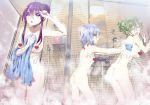  3girls ass blue_eyes blue_hair breasts censored eyes_closed green_hair heart heart_censor large_breasts multiple_girls nipple_censor nude open_mouth purple_eyes purple_hair shower small_breasts smile standing steam washing washing_back water wet 