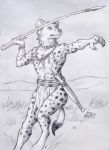  0laffson 2016 5_fingers anthro barefoot clothed clothing detailed_background holding_object holding_weapon hyena jewelry loincloth male mammal melee_weapon necklace polearm solo spear spotted_hyena topless traditional_media_(artwork) weapon 