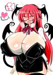  big_breasts blush breast_expansion breasts clothed clothing demon drooling eyewear fangs female glasses hair head_wings huge_breasts humanoid koakuma legwear long_hair looking_pleasured membranous_wings nipple_bulge open_mouth pointy_ears red_eyes red_hair rindou_(p41neko) saliva shirt skirt solo spade_tail suit sweat sweatdrop thigh_highs tongue tongue_out touhou wings 