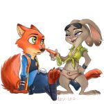  bracelet canine carrot clothing disney duo ear_piercing eyewear female food fox gauged_ear jewelry judy_hopps lagomorph laylol male mammal nick_wilde piercing police_uniform rabbit role_reversal simple_background spiked_bracelet spikes sunglasses uniform vegetable white_background zootopia 