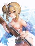 absurdres bangs bikini blonde_hair blue_eyes blush breasts censored cleavage closed_mouth collarbone commentary_request eyebrows_visible_through_hair girls_frontline gun hair_between_eyes hair_ornament hairband highres holding holding_gun holding_weapon long_hair looking_at_viewer medium_breasts novelty_censor para3318 sidelocks snowflake_hair_ornament solo starfish submachine_gun suomi_kp/-31 suomi_kp31_(girls_frontline) swimsuit wardrobe_malfunction water_drop weapon white_bikini 