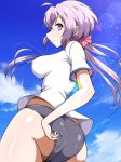  adjusting_clothes ahoge aimo_(aimo1214) ass blue_sky breasts buruma closed_mouth commentary_request covered_nipples day from_behind grey_buruma gym_uniform highres large_breasts lavender_hair lens_flare long_hair looking_at_viewer looking_back outdoors purple_eyes senki_zesshou_symphogear shiny shiny_hair shiny_skin shirt skindentation sky solo standing twintails very_long_hair white_shirt yukine_chris 