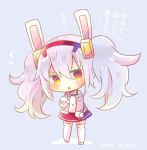  1girl :o animal_ears azur_lane bangs bare_shoulders blush bunny_ears camisole chibi commentary_request eyebrows_visible_through_hair flying_sweatdrops full_body grey_footwear hair_between_eyes hair_ornament hairband jacket kouu_hiyoyo laffey_(azur_lane) long_hair long_sleeves looking_at_viewer off_shoulder open_clothes open_jacket parted_lips pink_jacket pleated_skirt purple_background red_eyes red_hairband red_skirt silver_hair skirt sleeves_past_fingers sleeves_past_wrists solo standing thighhighs translation_request twintails twitter_username very_long_hair white_camisole white_legwear 
