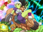  abs alien ass belt biceps black_hair blush boots broly_(dragon_ball_super) cheelai chest commentary_request dragon_ball dragon_ball_super dragon_ball_super_broly empty_eyes energy_ball energy_gun fushisha_o gloves glowing glowing_hair green_skin gun hand_on_another's_face holding holding_weapon looking_at_viewer multiple_boys muscle one_eye_closed purple_eyes ray_gun scar scouter shirtless smile spiked_hair stomach weapon wristband 