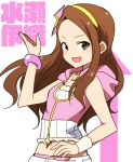  :d bracelet brown_eyes brown_hair floating_hair hair_ornament hairband hand_on_hip idolmaster idolmaster_(classic) jewelry kidachi long_hair looking_at_viewer midriff minase_iori open_mouth sketch sleeves smile solo stomach upper_body yellow_hairband 