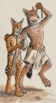  0laffson 2016 5_fingers anthro canine chain clothing coyote digitigrade duo feline fur green_eyes loincloth mammal orange_eyes serval simple_background smile spots spotted_fur standing tongue traditional_media_(artwork) 