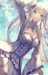  arm_up breasts choker cleavage day dutch_angle emilia_(re:zero) floating_hair flower gem hair_flower hair_ornament hair_ribbon happy_birthday highres long_hair long_sleeves looking_at_viewer medium_breasts miniskirt nomuraumu outdoors pleated_skirt purple_eyes purple_ribbon re:zero_kara_hajimeru_isekai_seikatsu ribbon shoulder_cutout silver_hair skirt smile solo sunlight white_flower white_skirt 