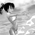  absurdres bangs bikini breasts covered_nipples crotch_seam dark_skin droplet from_side furukawa_herzer greyscale groin hair_ribbon halterneck highres hip_bones looking_to_the_side medium_hair monochrome navel ocean open_mouth original outdoors ribbon ribs short_ponytail small_breasts smile solo splashing standing string_bikini swimsuit thong_bikini 