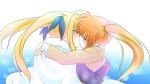  blonde_hair blue_eyes blue_ribbon blush brown_eyes brown_hair brown_vest eyebrows_visible_through_hair fate_testarossa floating_hair hair_between_eyes hair_ribbon hug imminent_kiss kerorokjy lens_flare long_hair long_sleeves lyrical_nanoha mahou_shoujo_lyrical_nanoha_strikers multiple_girls ribbon shiny shiny_hair side_ponytail smile takamachi_nanoha twintails upper_body very_long_hair vest white_coat yuri 