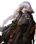  assault_rifle bangs black_gloves blonde_hair braid cloak closed_mouth commentary corruption expressionless eyepatch floating_hair girls_frontline gloves gun highres holding holding_gun holding_weapon jacket long_hair looking_at_viewer m16a1 m16a1_(girls_frontline) magazine_(weapon) mole mole_under_eye multicolored_hair rifle sangvis_ferri scar shirt sidelocks silence_girl solo spoilers streaked_hair weapon white_background white_hair wind yellow_eyes 