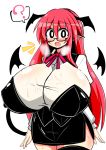  :d big_breasts blush breast_expansion breasts clothed clothing demon eyewear fangs female glasses hair head_wings heavy_breathing huge_breasts humanoid koakuma legwear long_hair membranous_wings open_mouth pointy_ears red_hair rindou_(p41neko) shirt skirt solo spade_tail suit sweat sweatdrop thigh_highs touhou wings 