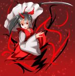  bow commentary_request gradient gradient_background hair_bow hair_ribbon hakama horn japanese_clothes jyakariko katana kimono konngara layered_clothing ponytail red_background red_bow red_eyes red_kimono red_ribbon ribbon short_hair simple_background sparkle sword touhou touhou_(pc-98) weapon 