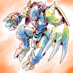  digimon digimon_adventure faulds full_body green_eyes helm helmet ishiyumi no_humans red_hair shin_guards shoulder_pads wargreymon weapon 