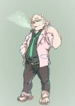  2017 anthro bear belly clothed clothing eyewear footwear fur glasses heylaw21 humanoid_hands male mammal open_shirt pants polar_bear rave_(housamo) sandals shirt simple_background slightly_chubby smoking solo tokyo_afterschool_summoners white_fur 