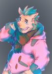  2018 anthro boar clothed clothing gouryou heylaw21 male mammal mohawk porcine scarf simple_backgrund slightly_chubby solo tokyo_afterschool_summoners tusks 