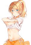  ayase_eli bikini bikini_skirt blonde_hair blue_eyes blush commentary_request crossed_arms eyebrows_visible_through_hair flower hair_between_eyes love_live! love_live!_school_idol_project midriff mogu_(au1127) navel notice_lines orange_bikini_bottom parted_lips ponytail scrunchie shirt short_sleeves side-tie_bikini sidelocks simple_background solo sweatdrop swimsuit undressing white_background white_flower white_scrunchie white_shirt 