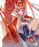  :d ai-chan_(pixiv29351299) arm_across_waist blue_skirt blush confetti crown knee_up koharu_yoshino open_mouth pink_hair red_eyes red_footwear royal_robe sakura_quest shoes sitting skirt smile sneakers streamers throne 