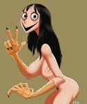  8-tomb animal_humanoid avian avian_humanoid big_eyes black_eyes black_hair breasts female grin hair humanoid light_skin long_hair looking_at_viewer momo_(creepypasta) nipples pale_skin pink_nipples pubes side_view smile v_sign wide_eyed 