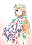  angela_balzac arhan_(rakuen_tsuihou) blonde_hair blue_eyes cowboy_shot deva_battle_suit elbow_gloves gloves hair_ornament highres ishiyumi looking_at_viewer low_twintails mecha rakuen_tsuihou smile twintails 