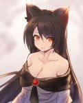  animal_ear_fluff animal_ears bangs bare_shoulders breasts brooch brown_hair cleavage collarbone commentary_request dress eyebrows_visible_through_hair grey_background hair_between_eyes highres imaizumi_kagerou jewelry large_breasts long_hair long_sleeves looking_at_viewer off-shoulder_dress off_shoulder parted_lips red_eyes rin_falcon smile solo touhou upper_body very_long_hair white_dress wolf_ears 