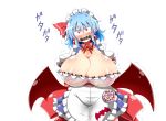  big_breasts blue_hair breasts cleavage clothed clothing crucifix ear_piercing female gag hair huge_breasts humanoid japanese_text maid_headdress maid_uniform membranous_wings nipples not_furry piercing red_eyes remilia_scarlet ribbons rindou_(p41neko) scared short_hair slit_pupils solo sweat sweatdrop tears text touhou translation_request uniform vampire wet wet_clothes wings 