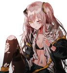 bangs black_skirt blood blood_on_face damaged dirty girls_frontline hair_between_eyes hair_ornament hood hood_down hooded_jacket jacket knee_up light_brown_hair long_hair looking_at_viewer mechanical_arm mod3_(girls_frontline) one-eyed one_side_up open_clothes open_jacket open_mouth open_shirt pantyhose pleated_skirt scar scar_across_eye shirt sidelocks silence_girl simple_background sitting skirt thigh_strap torn_clothes torn_legwear torn_shirt ump45_(girls_frontline) white_background yellow_eyes 