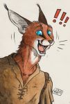  ! 0laffson 2016 anthro blue_eyes caracal clothed clothing feline female mammal open_mouth reaction_image shadi_(0laffson) simple_background smile solo teeth tongue traditional_media_(artwork) 