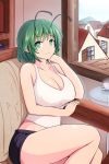  adda antennae arm_rest book bookshelf breasts chair chin_rest cleavage collarbone commentary_request covered_nipples day eyebrows_visible_through_hair green_eyes green_hair highres houses indoors large_breasts looking_at_viewer midriff no_bra older open_window short_shorts shorts sitting smile solo steam tank_top tea thighs touhou window wriggle_nightbug 