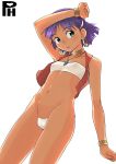  1girl bracelet c-string dark_skin earrings female fushigi_no_umi_no_nadia hoop_earrings jewelry nadia navel neck_ring necklace purple_hair satsuyo short_hair simple_background solo vest white_background 