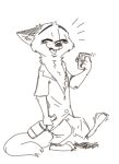  2018 alcohol anthro beer beverage black_and_white blush bottle canine chest_tuft cup disney drunk eyes_closed fox fuel_(artist) fur male mammal monochrome nick_wilde simple_background smile solo standing tuft white_background zootopia 