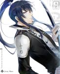  blue_eyes blue_hair character_name copyright_name d.gray-man ekita_xuan floating_hair from_side hair_ornament high_ponytail holding holding_sword holding_weapon kanda_yuu katana long_hair looking_at_viewer male_focus sword uniform upper_body very_long_hair weapon 