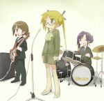  alternate_costume alternate_hairstyle amplifier black_ribbon blonde_hair blue_eyes blue_neckwear blush brown_eyes brown_hair closed_eyes closed_mouth collared_shirt copyright_name drum drum_set drumsticks eyebrows_visible_through_hair facing_viewer glasses goshiki_agiri guitar hair_ribbon high_heels holding holding_drumsticks holding_instrument instrument kill_me_baby long_sleeves multiple_girls necktie okayparium open_mouth oribe_yasuna purple_hair ribbon shirt short_hair smile sonya_(kill_me_baby) standing twintails 