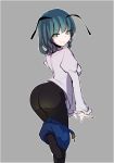  adda antennae arched_back ass blush_stickers breasts commentary_request eyebrows_visible_through_hair green_eyes green_hair grey_background large_breasts looking_at_viewer looking_back naughty_face pantyhose shirt shorts shorts_pull simple_background smug solo touhou wriggle_nightbug 