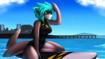  anthro clothing female fish hair marine outside sapphire_sights shark sitting smile solo surfboard swimsuit thick_thighs wide_hips xaenyth 