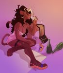  2019 4_toes 5_fingers alcohol anthro beverage breasts brown_hair champagne clothed clothing cocktail_dress digital_media_(artwork) drunk ear_piercing eyes_closed feline female footwear furlana hair high_heels legwear lion mammal on_ground pantherine piercing purse shoes simple_background sitting solo thigh_highs toes torn_clothing 