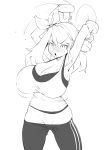  1girl armpits arms_up bangs bare_arms black_legwear bouncing_breasts bow breasts bursting_breasts cleavage cowboy_shot creatures_(company) dumbbell game_freak groin hair_bow hairband haruka_(pokemon) holding huge_breasts impossible_clothes long_hair looking_away lowleg lowleg_pants maydrawfag monochrome motion_lines nintendo open_mouth pants pants_pull plump pokemon pokemon_(game) pokemon_oras shirt sideboob simple_background skindentation sleeveless sleeveless_shirt solo sweat swept_bangs taut_clothes taut_shirt tight tight_pants tight_shirt track_pants weightlifting weights white_background 