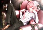  armchair astolfo_(fate) bangs belt belt_buckle black_pants black_ribbon bottle bow braid brown_footwear buckle chair closed_mouth collared_shirt dress_shirt fang fate/grand_order fate_(series) flower hair_bow hand_on_own_cheek highres leaning_back leg_up light_rays long_hair looking_at_viewer male_focus multicolored_hair necktie otoko_no_ko pants pink_hair pink_neckwear ribbon rose seductive_smile shirt single_braid sitting smile streaked_hair table takatun223 vase wallpaper_(object) watch white_hair wine_bottle wristwatch 