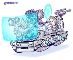  1girl armor bangs bastion_(overwatch) blonde_hair chibi closed_eyes copyright_name energy_shield eyebrows_visible_through_hair full_armor gatling_gun helm helmet ishiyumi mercy_(overwatch) overwatch ponytail portal_(object) reinhardt_(overwatch) simple_background staff standing turret warhammer weapon white_background 