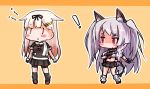  2girls :3 animal_ears azur_lane blush_stickers bow braid chibi commentary crossover hair_bow hair_flaps hair_ornament hair_ribbon hairclip kantai_collection light_brown_hair long_hair machinery multiple_girls namesake navel paw_print pleated_skirt red_eyes remodel_(kantai_collection) ribbon scarf school_uniform serafuku silver_hair single_braid skirt tail thick_eyebrows turret two_side_up wolf_ears wolf_tail yagami_kamiya yuudachi_(azur_lane) yuudachi_(kantai_collection) 