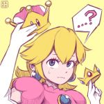  ...? 1girl artist_name between_fingers blonde_hair blue_earrings blue_eyes brooch closed_mouth crown crown_removed dress earrings elbow_gloves gloves holding iamsako jewelry long_hair looking_up mario_(series) mini_crown new_super_mario_bros._u_deluxe nintendo pink_dress princess_peach puffy_short_sleeves puffy_sleeves short_sleeves simple_background solo speech_bubble super_crown super_mario_bros. sweatdrop upper_body white_gloves worried yellow_background 