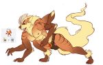  2017 4_arms 4_toes 5_fingers abs ankle_tuft anthro arcanine belt biped black_stripes blonde_hair brown_fur brown_nose bulge canine chest_tuft claws clothed clothing crouching digitigrade elbow_tufts eyebrows fluffy fluffy_tail fur gloves_(marking) hair horn humanoid hybrid komiku_(artist) long_tail machamp male mammal markings mostly_nude multi_arm multi_limb multicolored_fur multifur muscular muscular_male nintendo nipples open_mouth orange_fur pawpads penis pink_tongue pok&eacute;mon pok&eacute;mon_(species) pok&eacute;mon_fusion red_eyes simple_background skimpy socks_(marking) solo speedo striped_fur stripes swimsuit toes tongue tuft video_games wardrobe_malfunction white_background yellow_belly yellow_fur yellow_tail 