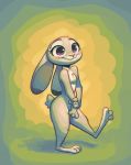  2018 anthro blush buckteeth dipstick_ears disney female fuel_(artist) holding_wrist judy_hopps lagomorph mammal nude one_leg_up purple_eyes rabbit simple_background smile solo standing teeth zootopia 